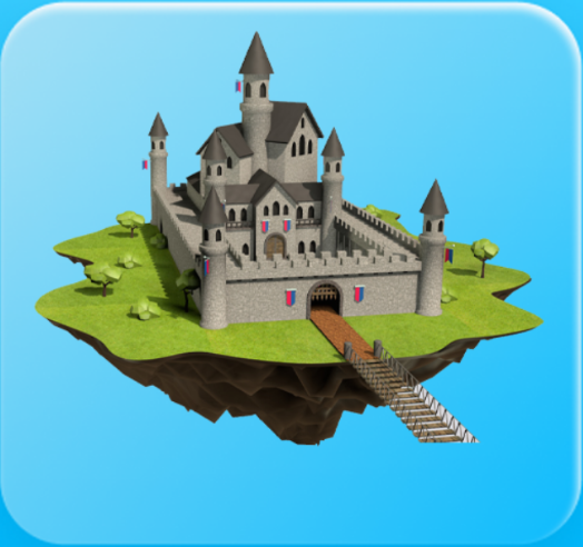 Herní prostředí Castle z Chess Planet: hrad na létajícím ostrově.