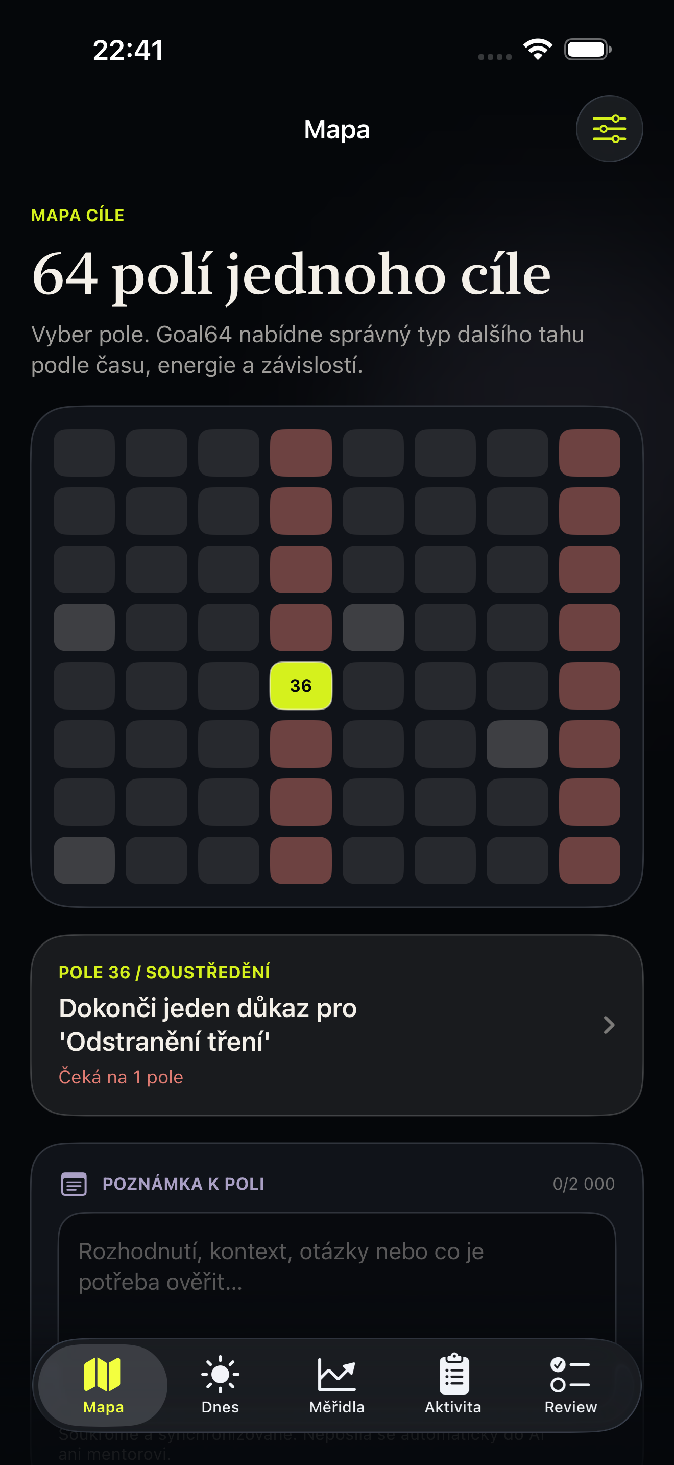 Ukázka Goal64 s mapou 64 polí, vybranou prioritou a konkrétním dalším krokem.