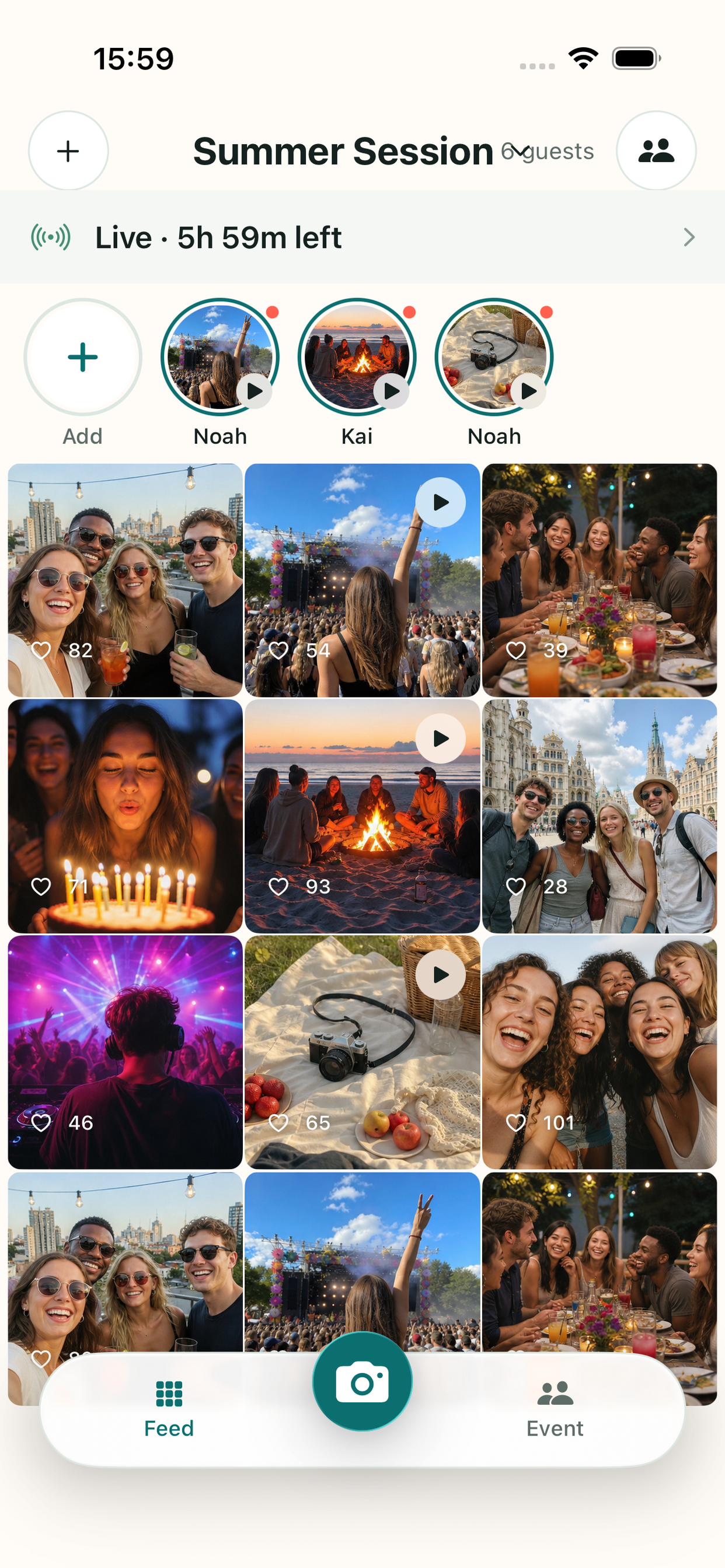 Ukázka soukromého feedu Vistili s fotografiemi, videopříběhy a reakcemi členů.